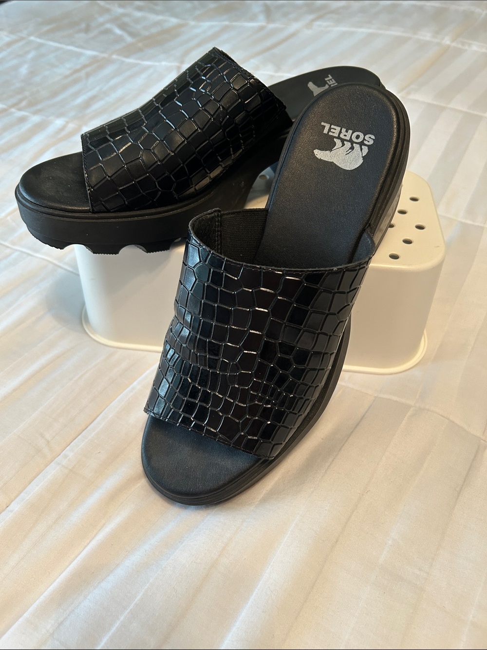 Sorel Black Croc-Embossed Slide Mules